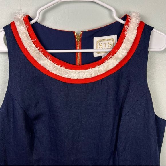 Sail to Sable Raw Trim Details Blue Red Linen Dress Size 10 - Picture 4 of 12